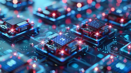 Poster - A close up of a circuit board with glowing red and blue lights.