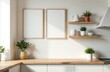 © Sergey - Minimalist kitchen interior with wooden shelves, plants, and empty frames on a sunlit wall