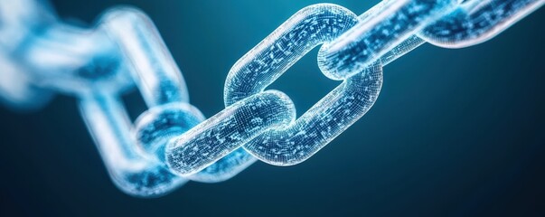 Aufkleber - A close-up view of a transparent, glowing chain link against a blue background, illustrating strength and connectivity.