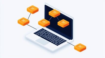 Poster - A laptop with multiple orange data blocks connected, representing network communication and data flow in a digital environment.