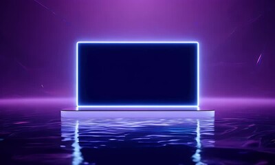 Wall Mural - floating dark blue neon rectangle above the podium over a reflective, liquid-like surface
