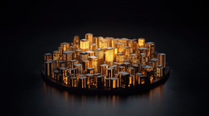 Poster - A miniature cityscape illuminated with golden lights, creating a vibrant, futuristic atmosphere against a dark backdrop.