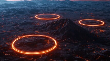 Poster - A mesmerizing landscape featuring glowing circular formations over a volcanic terrain, illuminated by a warm, fiery light.