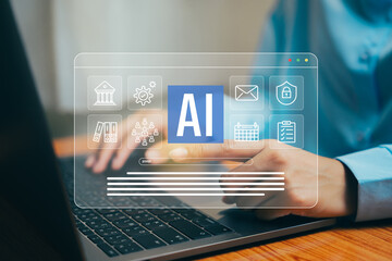 Poster - Person Using Laptop with Artificial Intelligence Icons and Digital Interface Overlaid, Business concept.