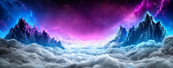 Wall Mural - a stunning cosmic landscape featuring towering mountains amidst vibrant clouds and a colorful, star-