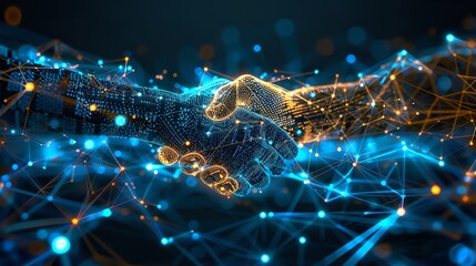 Poster - two glowing digital hands shaking hands.