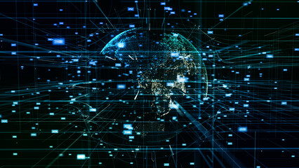 Poster - Virtual planet Earth with data connection network. Technological digital globe world background. Abstract sphere with particles and lines. Security artificial intelligence of planet. 3D rendering.