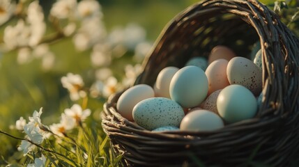 Wall Mural - decorative easter eggs in woven basket surrounded by blossoms