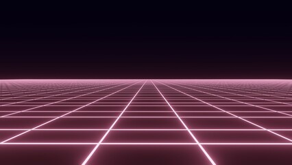 Poster - Technology background perspective retro grid. Futuristic cyber surface 80s - 90s styled. Red mesh on colorful background. Digital space wireframe landscape. 3d rendering.
