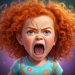© ingalinder - Surprised red-haired girl with long curly hair. Angry girl with red curly hair. 3 year old ginger hair child screaming illustration