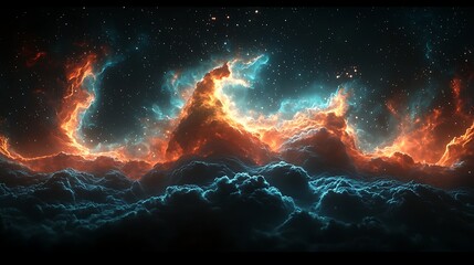 fiery nebula cloudscape, cosmic landscape, starfield background, science fiction art, ideal for fant