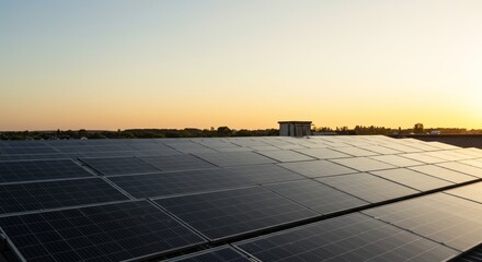 Sunset glow over photovoltaic solar panels on the rooftop for renewable energy