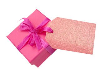 Wall Mural - gift box isolated on white, transparent. pink color parcel with ribbon bow, top view. mothers day.