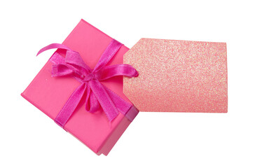 Wall Mural - gift box isolated on white, transparent. pink color parcel with ribbon bow, top view. mothers day.