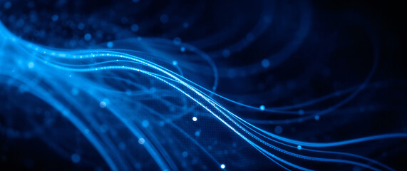 Poster - Abstract blue particles flowing and forming wavy lines in digital space
