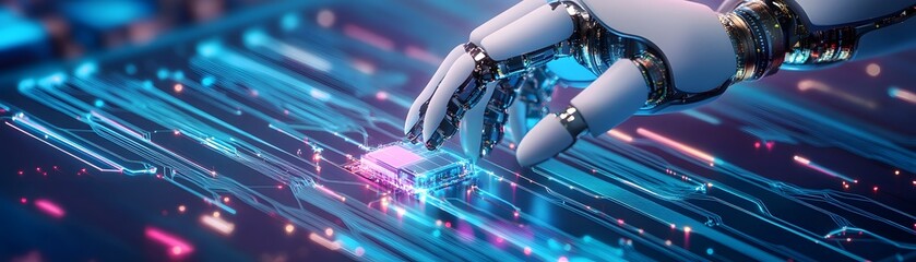 Poster - A robotic hand delicately interacts with a futuristic digital interface, showcasing the integration of advanced technology and artificial intelligence in modern systems.