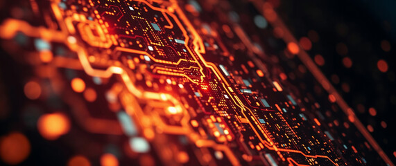 Poster - Orange printed circuit board emitting light and data is flowing