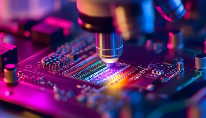 Poster - A vibrant close-up of a microchip under a microscope