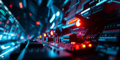 Poster - Futuristic server room blinking with red and blue lights processing big data