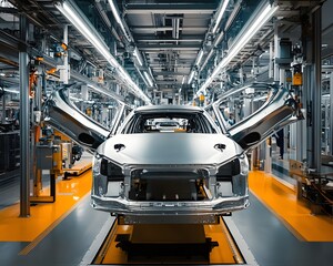 Poster - An advanced automobile manufacturing facility showcases a sleek, unpainted car body on the assembly line, highlighting the intricate machinery and modern production techniques.