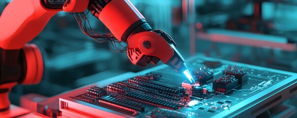 Poster - a close-up view of a robotic arm working on a circuit board in a high-tech environment