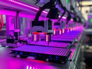 Poster - A close-up view of advanced automation technology in a lab setting, showcasing robotic arms equipped with precision instruments, illuminated by vibrant purple lighting.