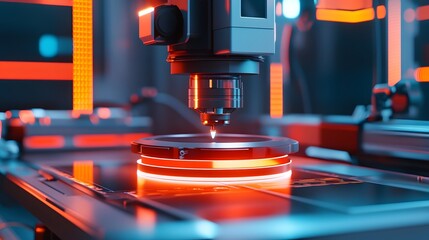 Poster - A close-up view of advanced technology featuring a laser engraving machine with vibrant red and blue lights, showcasing precision and innovation in modern manufacturing processes.