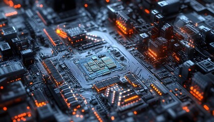 Poster - A detailed close-up of a computer circuit board, showcasing intricate connections, glowing lights, and modern design