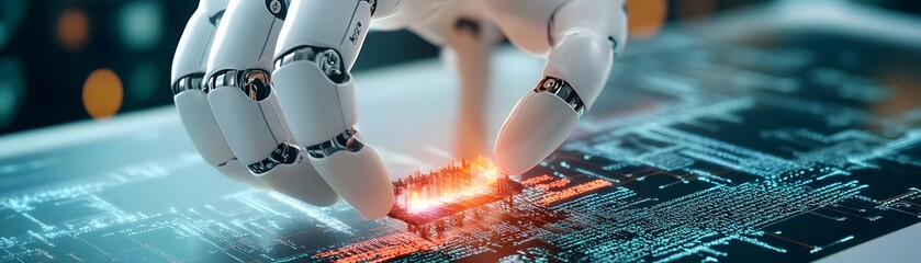 Poster - a futuristic robotic hand interacting with a digital circuit board, symbolizing advancements in tech