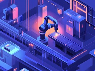Poster - A futuristic industrial setting featuring robotic arms in a high-tech environment. Neon lights illuminate the space, showcasing advanced manufacturing processes and innovation.