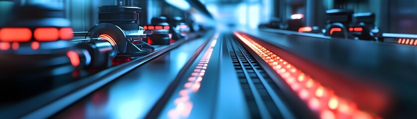 Poster - A futuristic view of a production line showcasing vibrant illuminated elements
