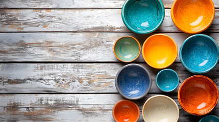 Poster - Colorful bowls arranged on a rustic wooden surface