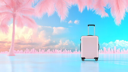 Poster - Colorful pastel landscape with a suitcase and palm trees under a bright sky
