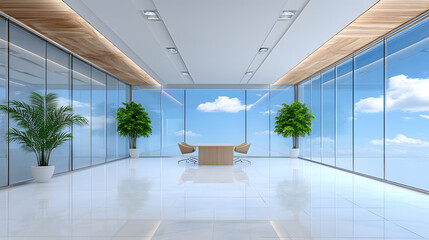 Poster - Modern office with large windows and greenery, bright and spacious