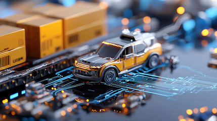 Poster - Exploring the future of transport miniature vehicles on circuit board technology concept indoor close-up view