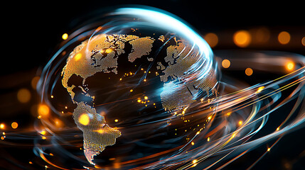 Poster - Global connectivity revolution world map with digital lines abstract art dark background futuristic concept