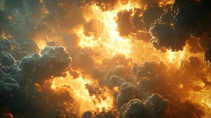 Wall Mural - fiery cloudscape, intense sunlight, atmospheric drama, background texture, ideal for fantasy art.