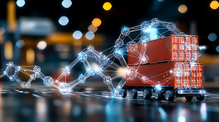 Poster - Innovative logistics solutions urban freight transport digital visualization night cityscape aerial perspective supply chain optimization