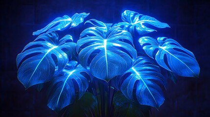 Wall Mural - Glowing blue monstera leaves, dark background, digital art, tropical plant poster.