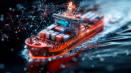 Poster - innovative cargo ship navigates digital waters global shipping industry 3d visualization marine envi