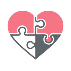Poster - Heart puzzle icon representing love and connection through interlocking pieces in a simple and modern design
