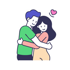 Poster - Couple sharing a warm hug in a loving embrace, with a heart symbol, showcasing affection and connection in a simple vector style