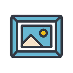 Poster - Vector icon of a photo frame showcasing a mountain landscape with a sun in the background, ideal for design projects and digital illustrations