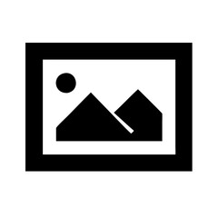 Poster - Vector icon representing a photo frame displaying mountain scenery with a sun in a minimalist design