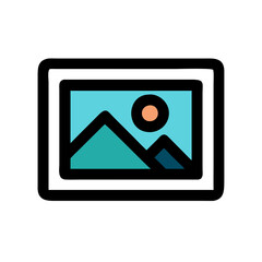Poster - Vector illustration of a photo frame displaying a landscape with mountains and the sun in a clear blue sky