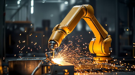 Poster - Robotic arm welding metal in industrial factory setting