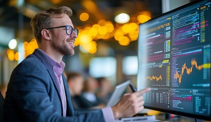 Aufkleber - A professional man analyzes financial data on a computer screen in a modern office environment, showcasing a focus on technology and productivity in the business sector.