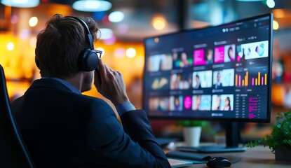 Poster - A focused individual is analyzing data on a large monitor while wearing headphones. The vibrant screen displays various graphs and images, showcasing a modern workspace atmosphere.