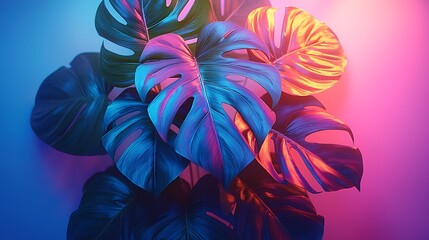 Wall Mural - Neon-lit Monstera leaves, vibrant colors, studio backdrop, tropical plant design.