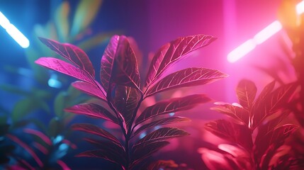 Wall Mural - Neon-lit plants, vibrant foliage, colorful background, perfect for design.